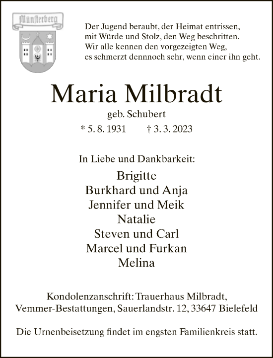Traueranzeige von Maria Milbradt von Neue Westfälische