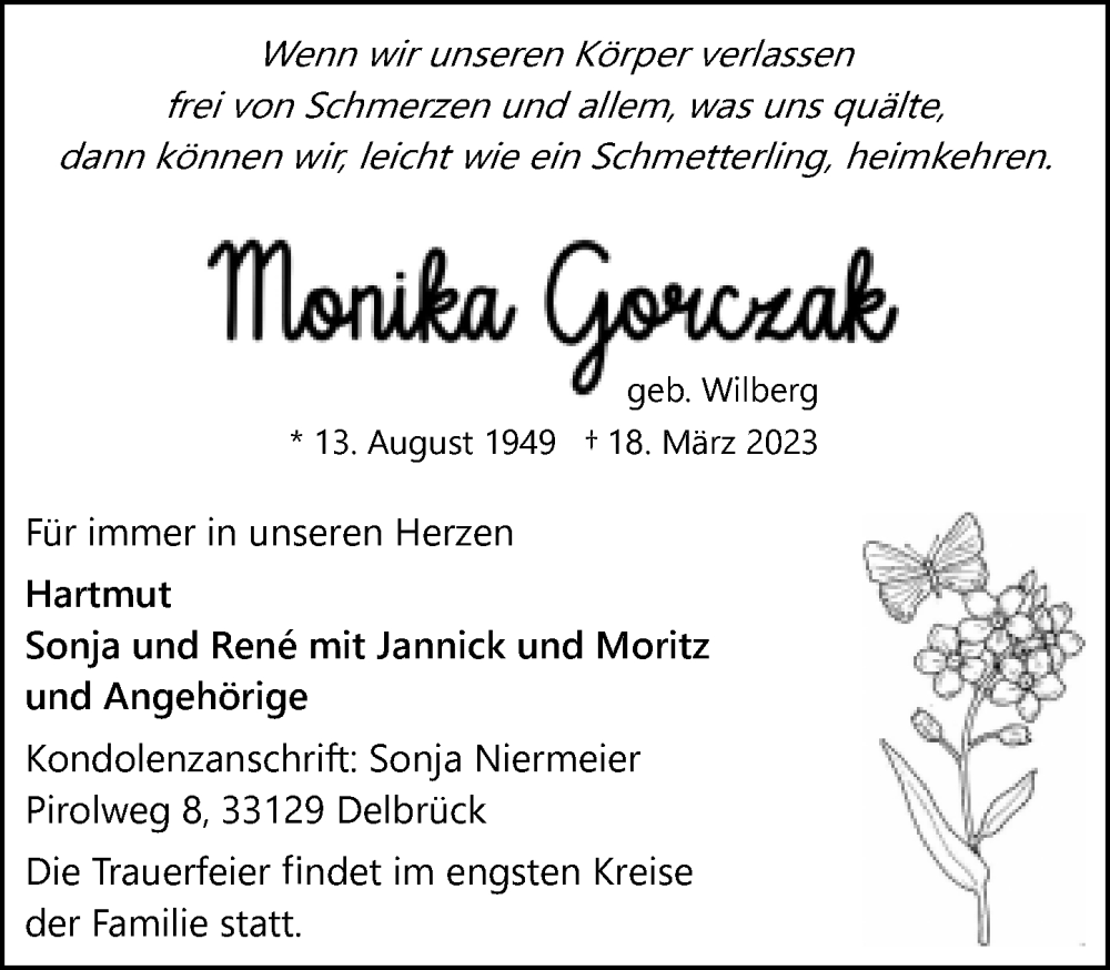  Traueranzeige für Monika Gorczak vom 25.03.2023 aus Neue Westfälische