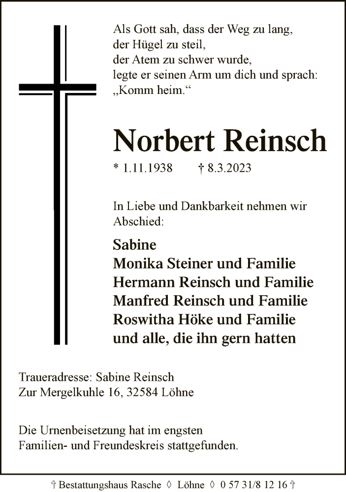  Traueranzeige für Norbert Reinsch vom 22.03.2023 aus Neue Westfälische