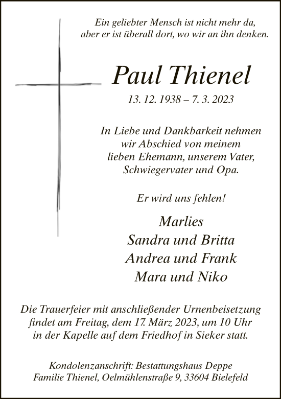 Traueranzeige von Paul Thienel von Neue Westfälische