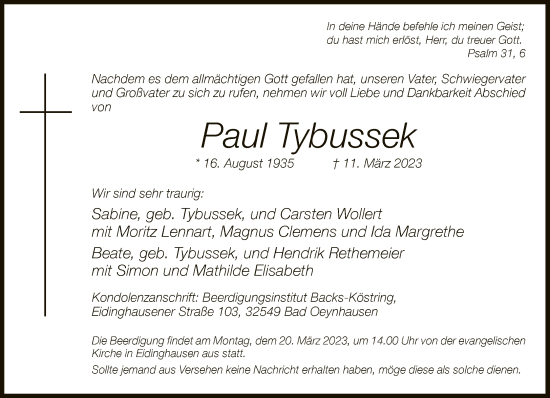 Traueranzeige von Paul Tybussek von Neue Westfälische
