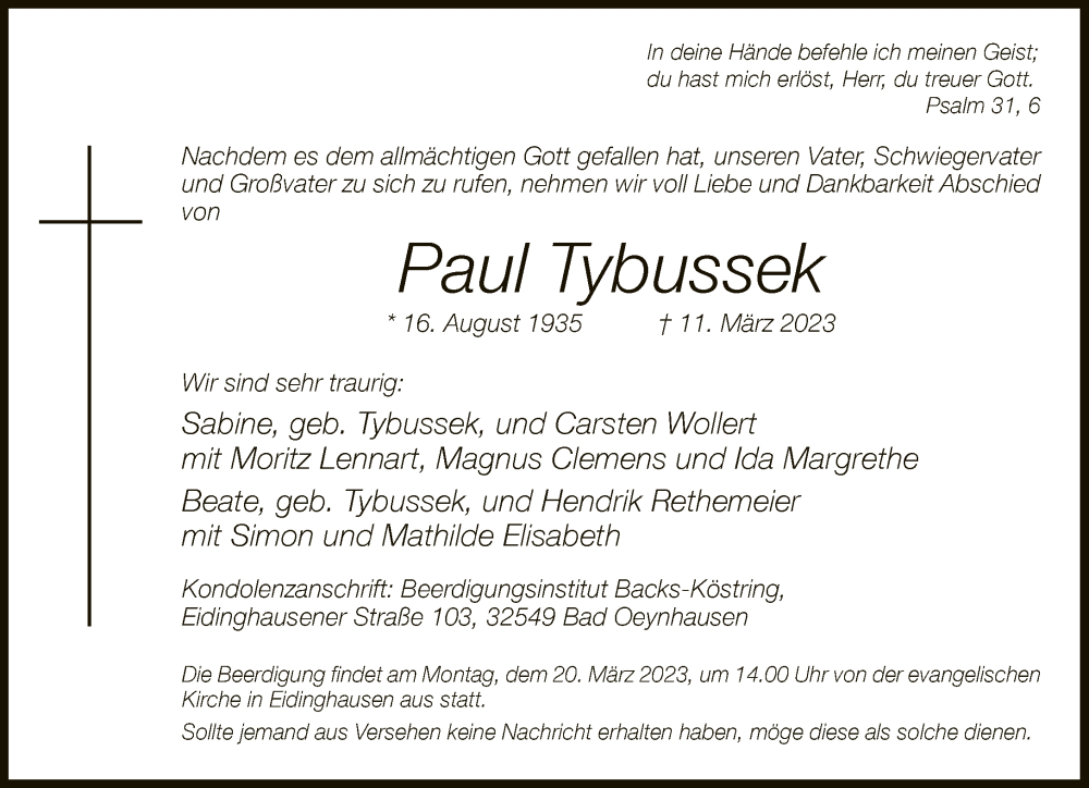  Traueranzeige für Paul Tybussek vom 16.03.2023 aus Neue Westfälische
