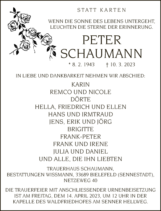 Traueranzeige von Peter Schaumann von Neue Westfälische