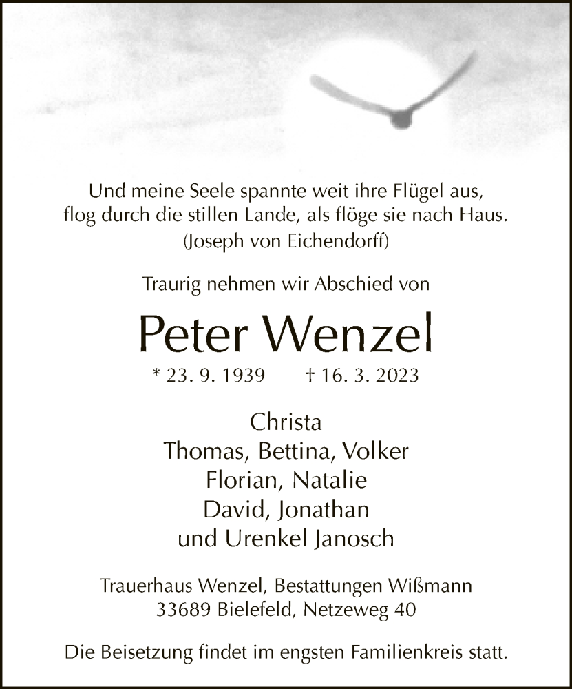 Traueranzeige für Peter Wenzel vom 18.03.2023 aus Neue Westfälische
