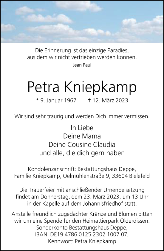 Traueranzeige von Petra Kniepkamp von Neue Westfälische