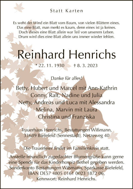 Traueranzeige von Reinhard Henrichs von Neue Westfälische