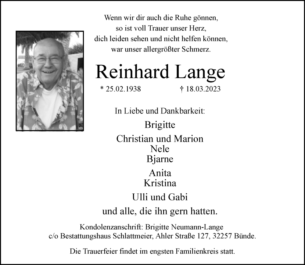  Traueranzeige für Reinhard Lange vom 25.03.2023 aus Neue Westfälische
