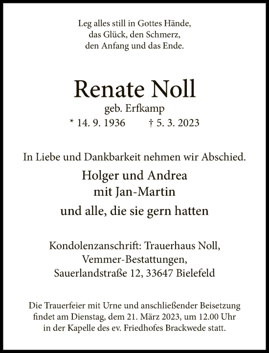 Traueranzeige von Renate Noll von Neue Westfälische