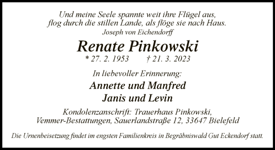 Traueranzeige von Renate Pinkowski von Neue Westfälische