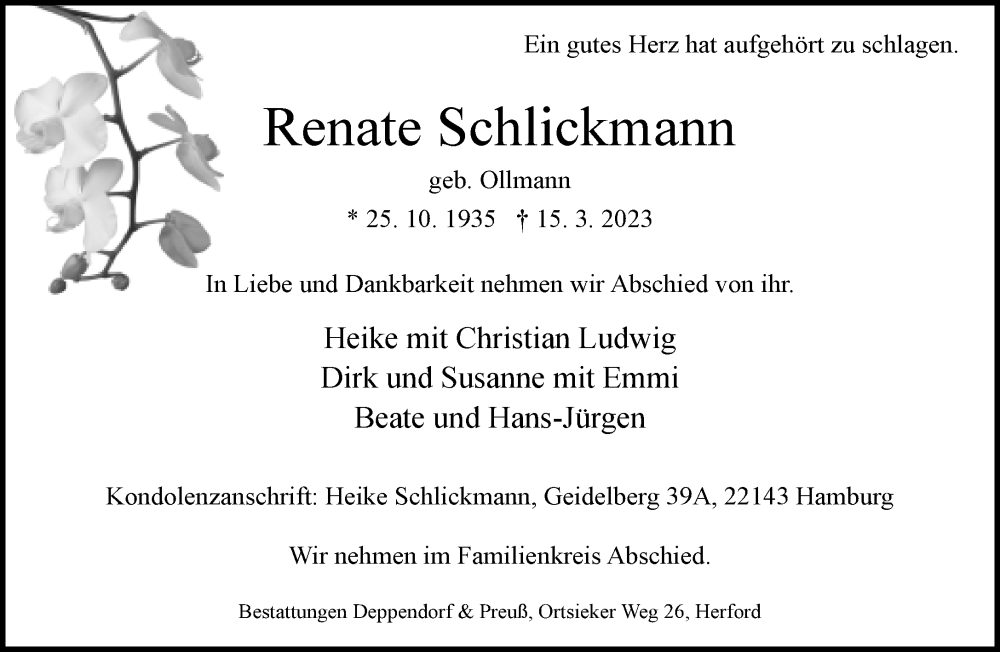  Traueranzeige für Renate Schlickmann vom 18.03.2023 aus Neue Westfälische