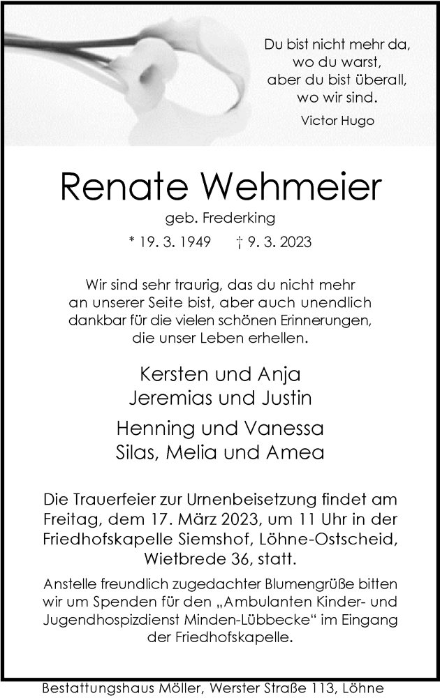 Traueranzeige für Renate Wehmeier vom 15.03.2023 aus Neue Westfälische