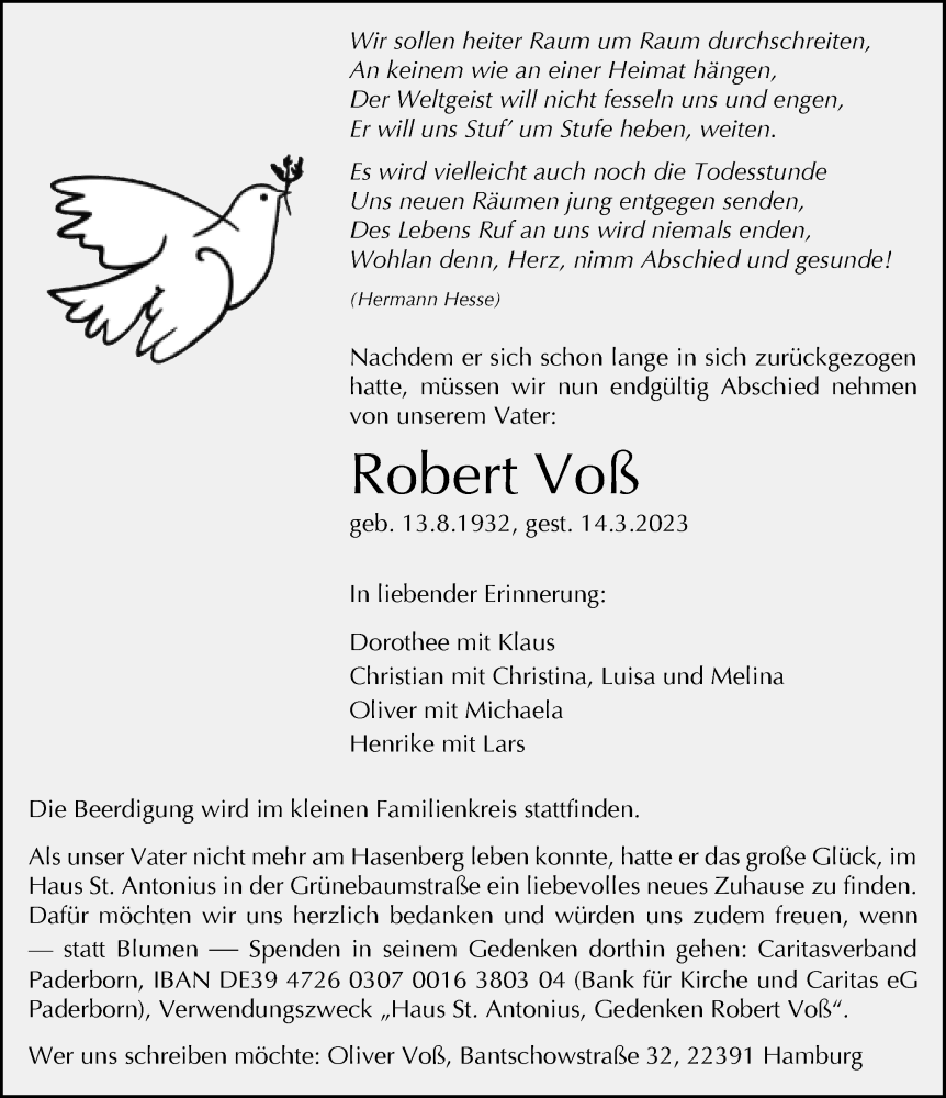  Traueranzeige für Robert Voß vom 18.03.2023 aus Neue Westfälische