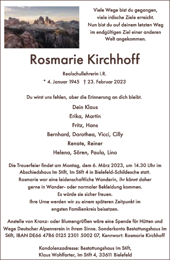 Traueranzeige von Rosmarie Kirchhoff von Neue Westfälische