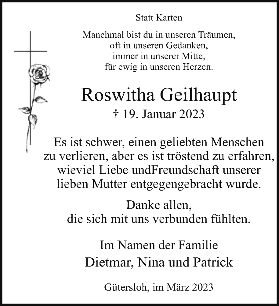  Traueranzeige für Roswitha Geilhaupt vom 01.03.2023 aus Neue Westfälische