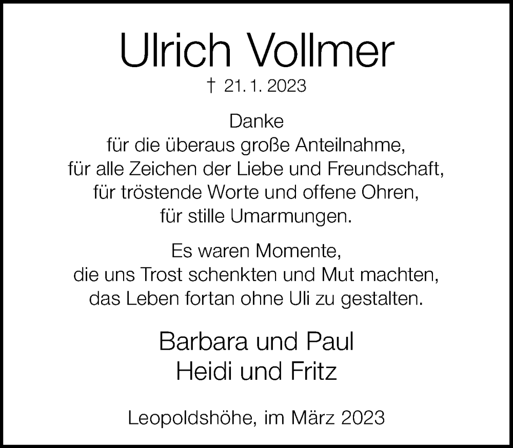  Traueranzeige für Ulrich Vollmer vom 25.03.2023 aus Neue Westfälische
