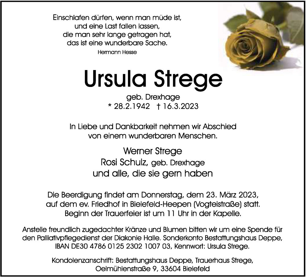  Traueranzeige für Ursula Strege vom 18.03.2023 aus Neue Westfälische