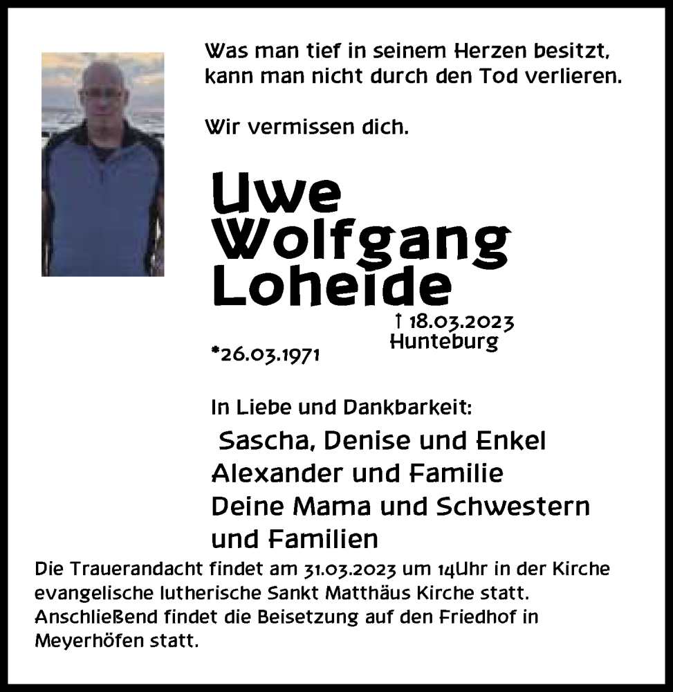  Traueranzeige für Uwe Wolfgang Loheide vom 24.03.2023 aus Neue Westfälische