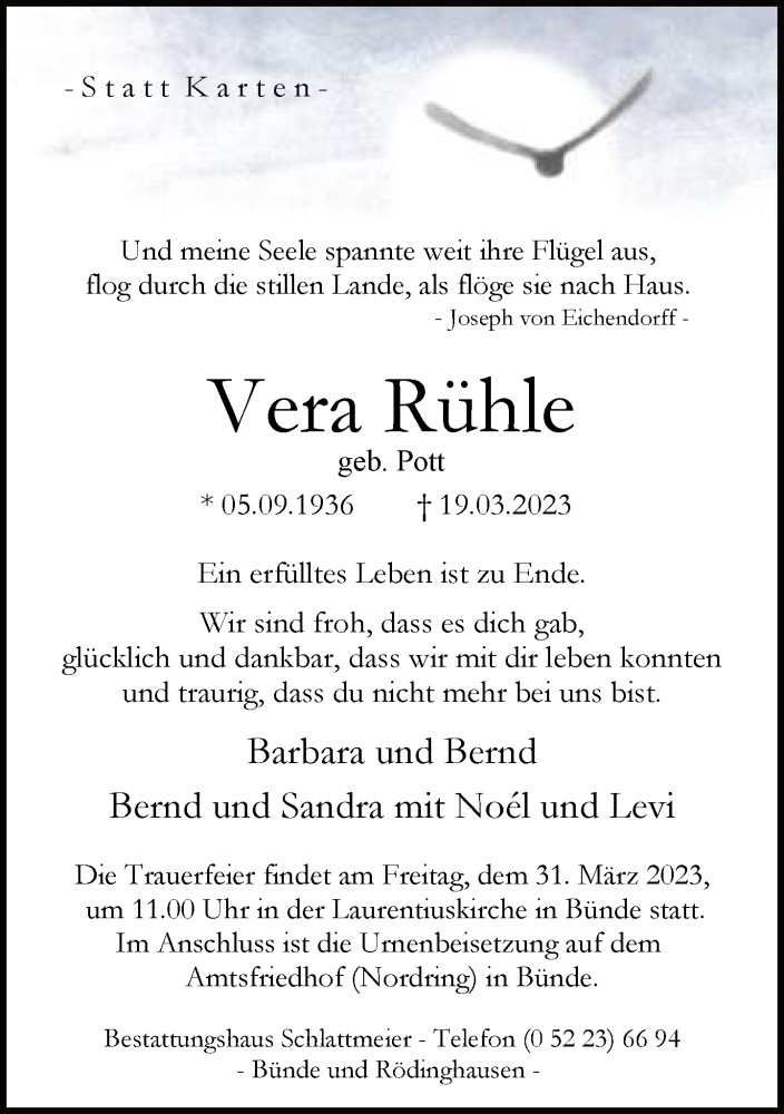  Traueranzeige für Vera Rühle vom 25.03.2023 aus Neue Westfälische