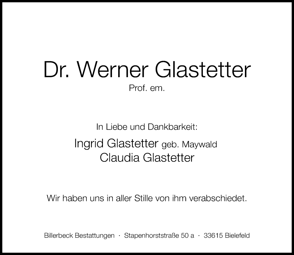  Traueranzeige für Werner Glastetter vom 18.03.2023 aus Neue Westfälische