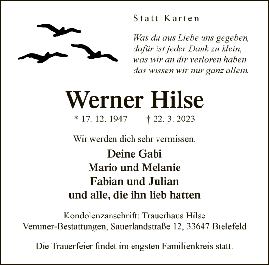 Traueranzeige von Werner Hilse von Neue Westfälische
