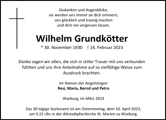 Traueranzeige von Wilhelm Grundkötter von Neue Westfälische