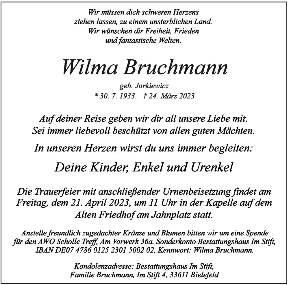  Traueranzeige für Wilma Bruchmann vom 29.03.2023 aus Neue Westfälische