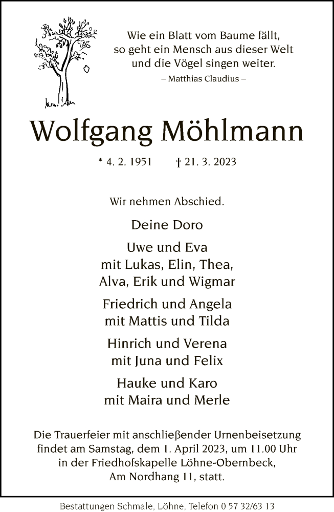  Traueranzeige für Wolfgang Möhlmann vom 25.03.2023 aus Neue Westfälische