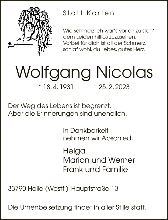 Traueranzeige von Wolfgang Nicolas von Neue Westfälische