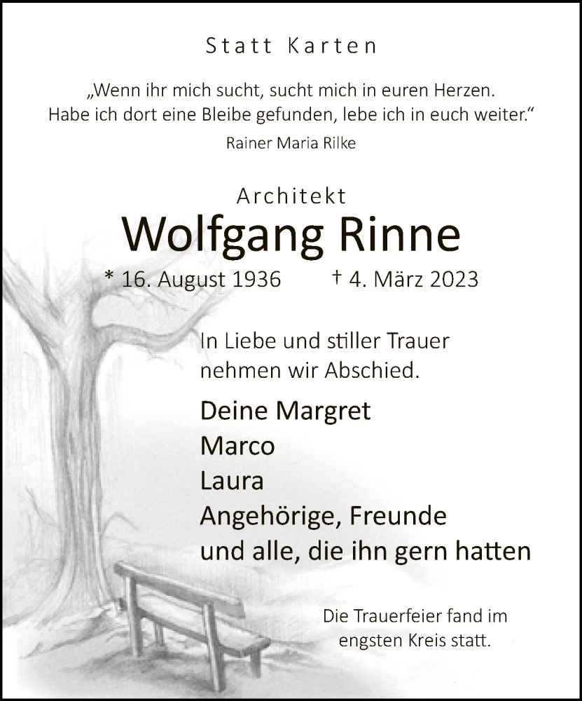  Traueranzeige für Wolfgang Rinne vom 25.03.2023 aus Neue Westfälische