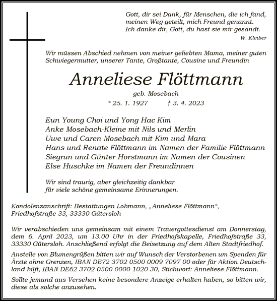 Traueranzeige von Anneliese Flöttmann von Neue Westfälische