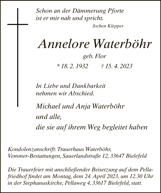 Traueranzeige von Annelore Waterböhr von Neue Westfälische