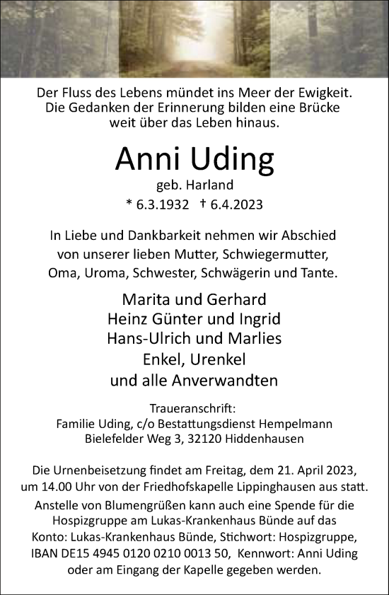 Traueranzeige von Anni Uding von Neue Westfälische