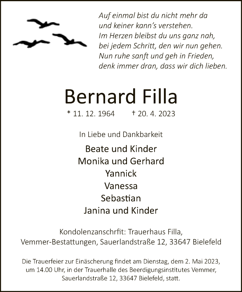  Traueranzeige für Bernard Filla vom 29.04.2023 aus Neue Westfälische