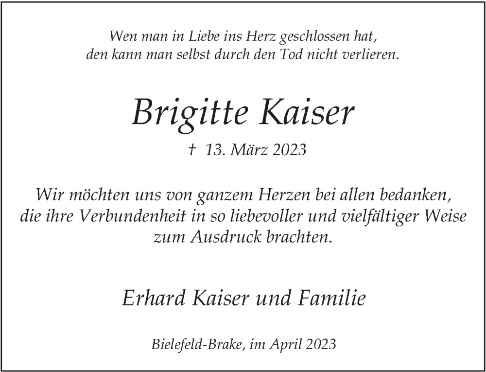  Traueranzeige für Brigitte Kaiser vom 22.04.2023 aus Neue Westfälische