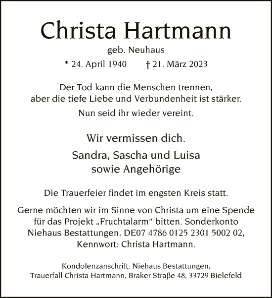 Traueranzeige von Christa Hartmann von Neue Westfälische