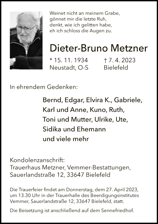 Traueranzeige von Dieter-Bruno Metzner von Neue Westfälische