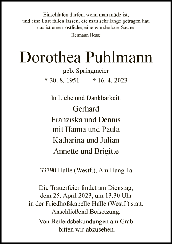 Traueranzeige von Dorothea Puhlmann von Neue Westfälische