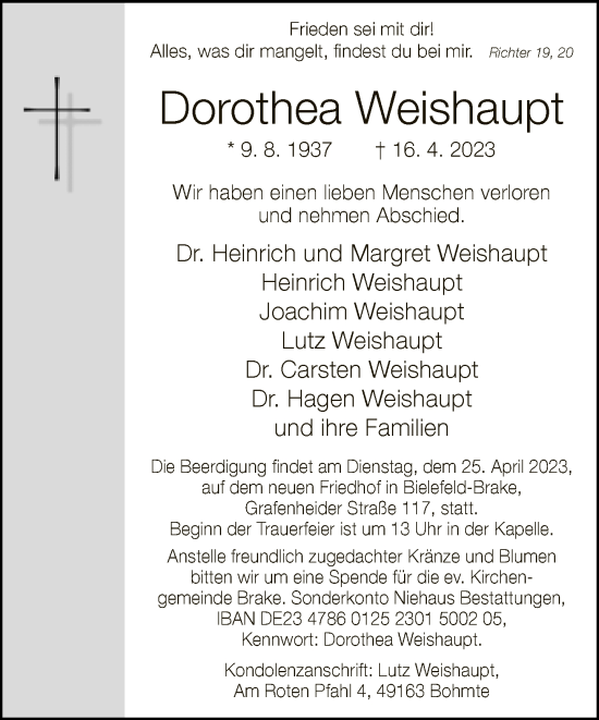 Traueranzeige von Dorothea Weishaupt von Neue Westfälische