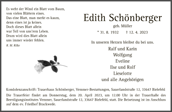 Traueranzeige von Edith Schönberger von Neue Westfälische