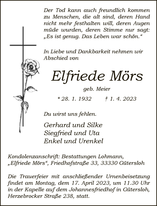 Traueranzeige von Elfriede Mörs von Neue Westfälische