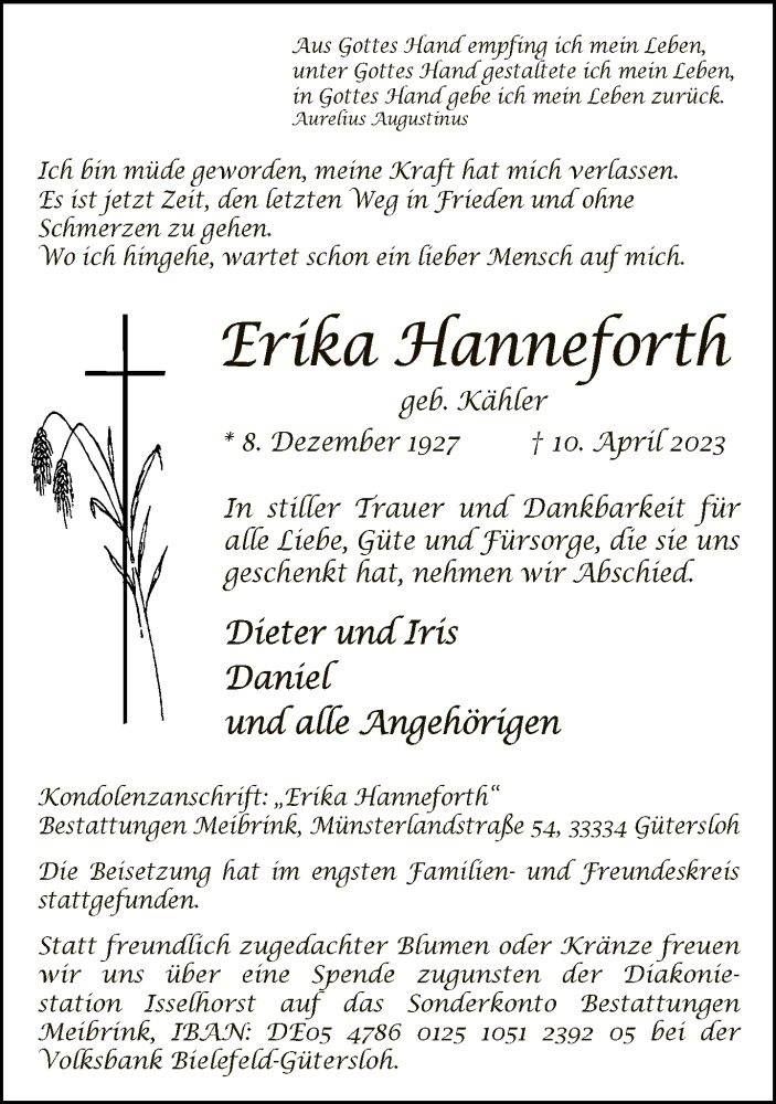  Traueranzeige für Erika Hanneforth vom 22.04.2023 aus Neue Westfälische