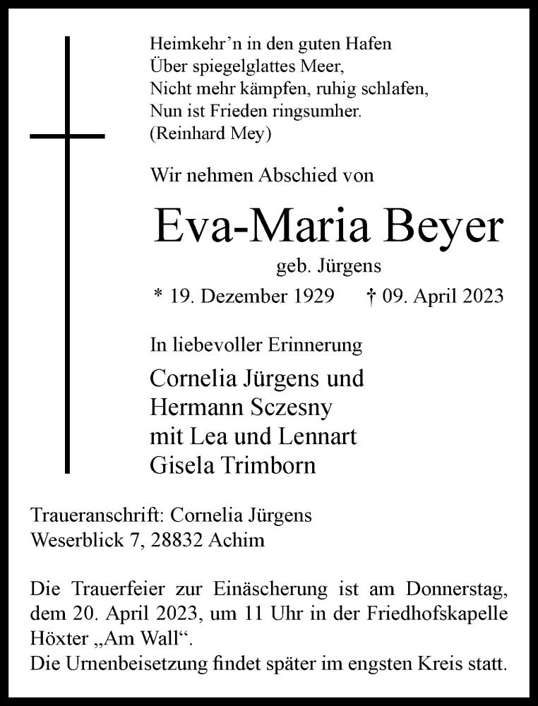  Traueranzeige für Eva-Maria Beyer vom 15.04.2023 aus Neue Westfälische