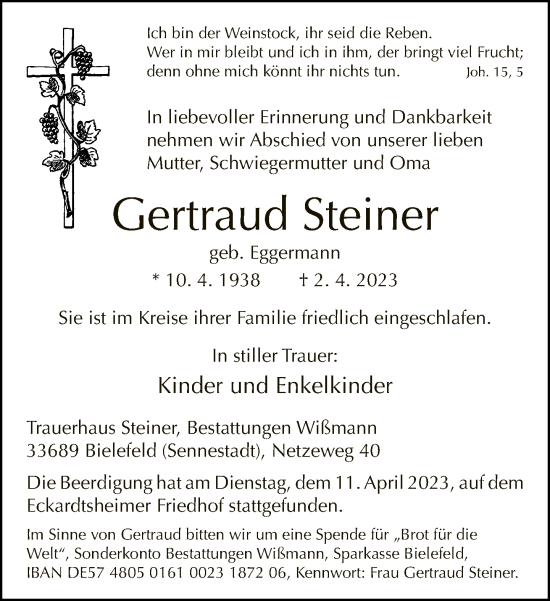 Traueranzeige von Gertraud Steiner von Neue Westfälische
