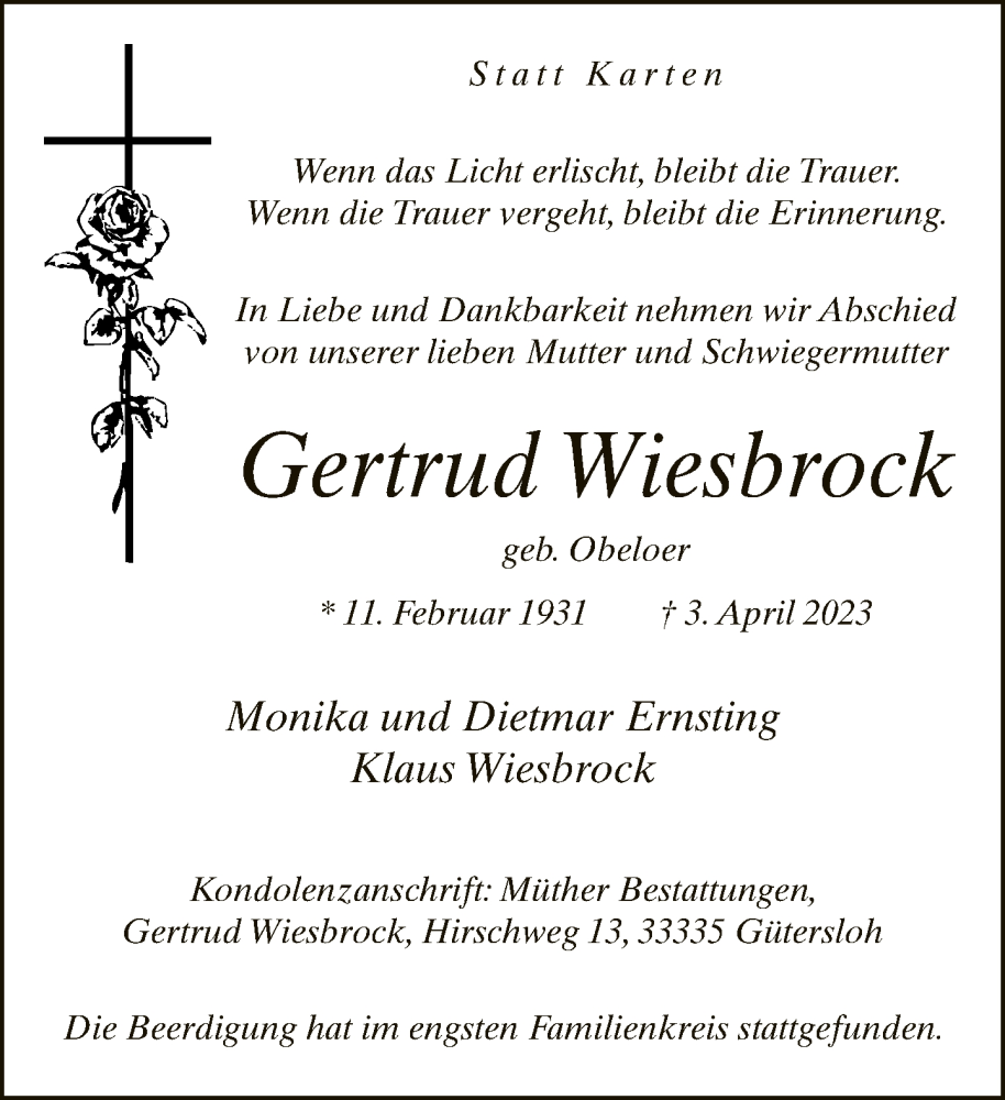  Traueranzeige für Gertrud Wiesbrock vom 14.04.2023 aus Neue Westfälische