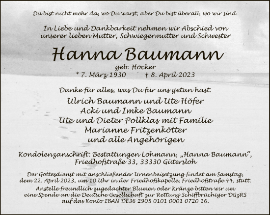 Traueranzeige von Hanna Baumann von Neue Westfälische