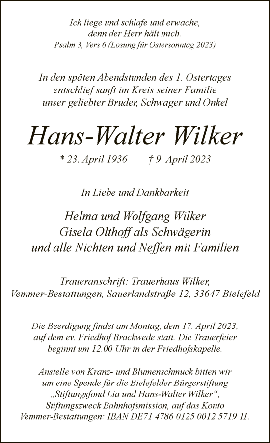 Traueranzeige von Hans-Walter Wilker von Neue Westfälische