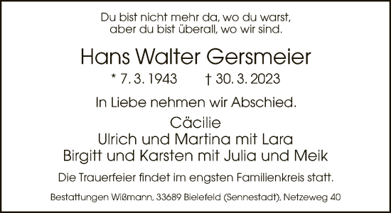 Traueranzeige von Hans Walter Gersmeier von Neue Westfälische