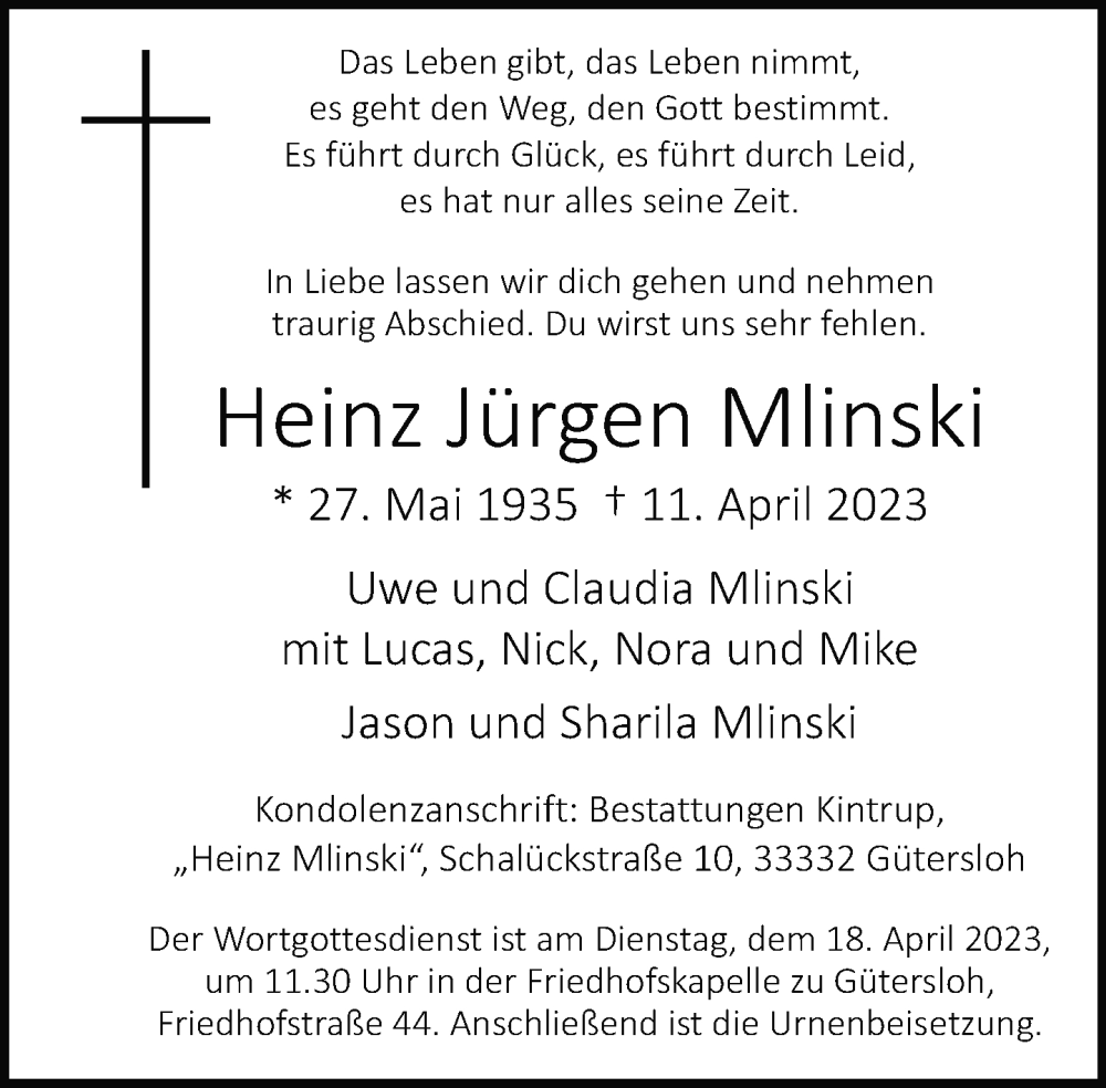  Traueranzeige für Heinz Jürgen Mlinski vom 14.04.2023 aus Neue Westfälische