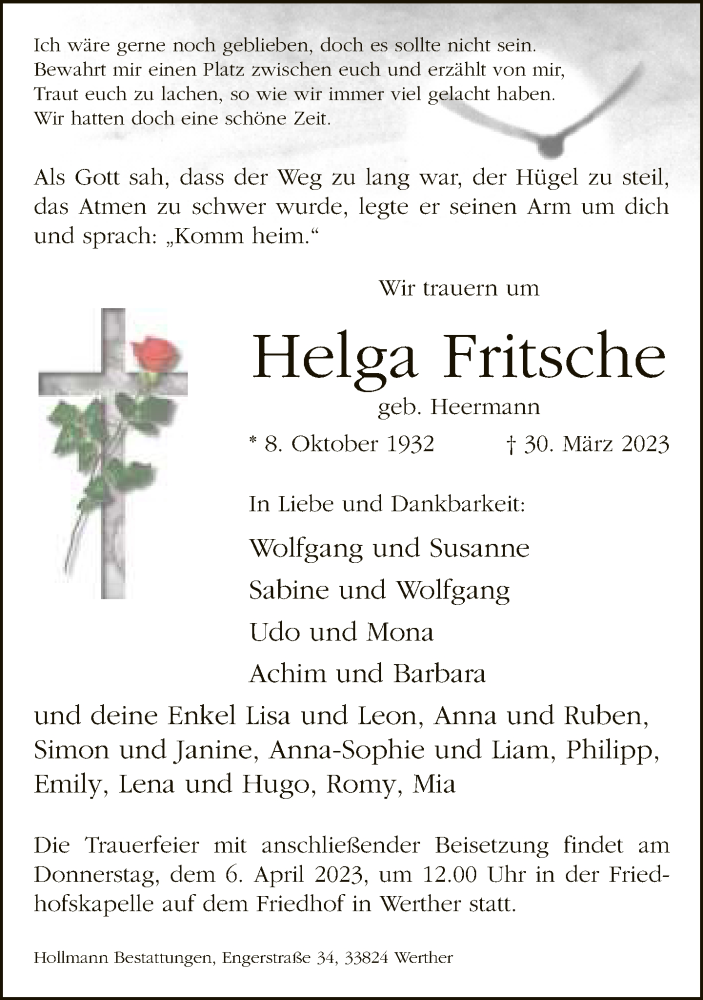  Traueranzeige für Helga Fritsche vom 01.04.2023 aus Neue Westfälische