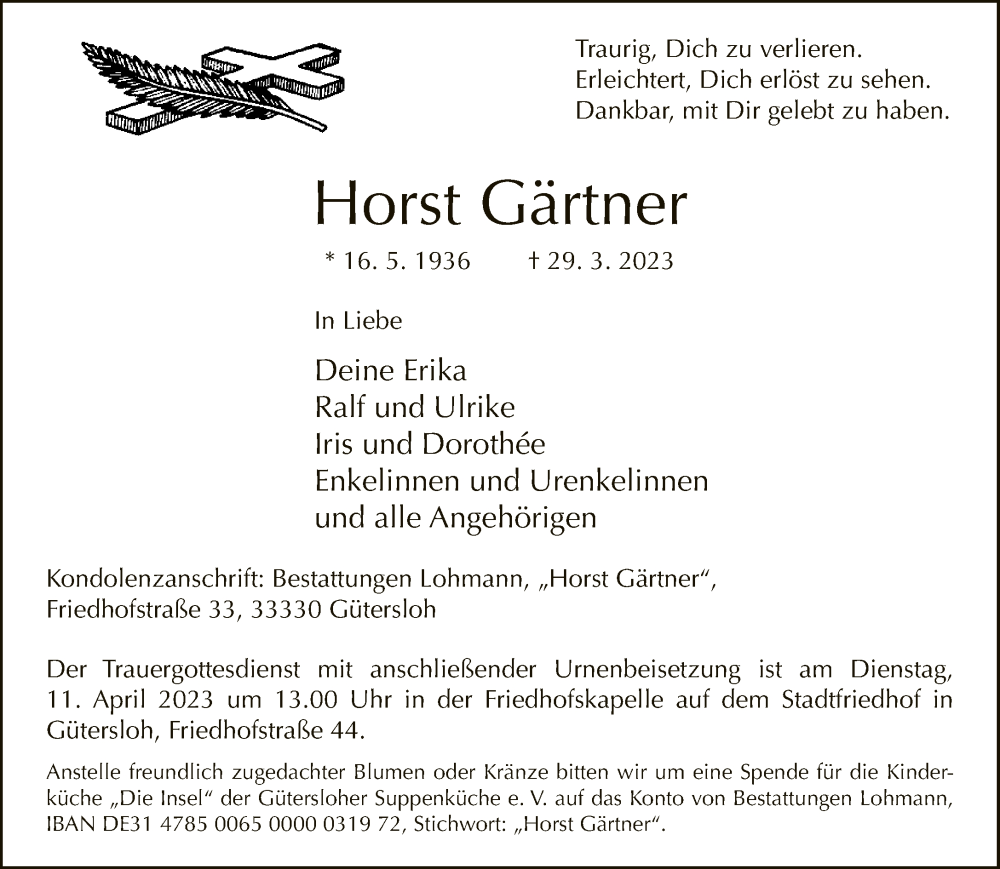  Traueranzeige für Horst Gärtner vom 05.04.2023 aus Neue Westfälische